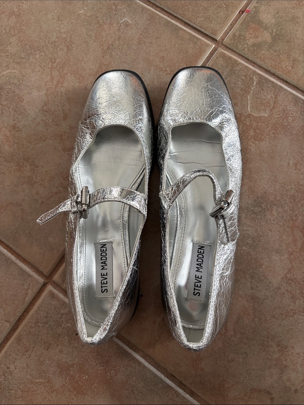 Steve Madden Metallic Silver Mary Jane Flats with Buckle Strap